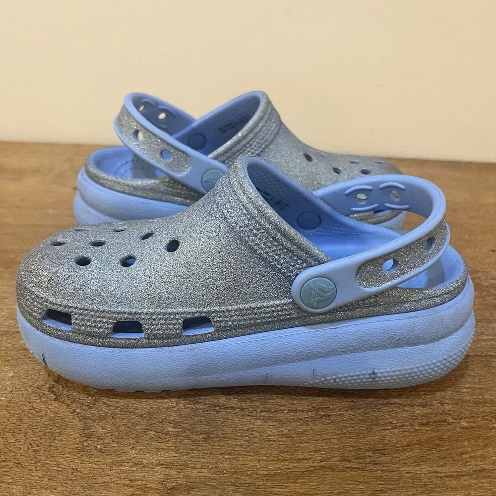 Crocs Kids C13 Platform Clogs Blue Glitter Classic Comfort Strap Slip‎ On Shoes